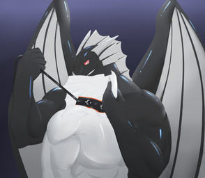 anthro black_body claws clothing collar dorsal_fin dorsal_frill drone ear_fins fin frill_(anatomy) grey_body grope horn identity_death leash male multicolored_body red_eyes skinsuit spines tight_clothing white_body wings akumi_(artist) mythology negadrake dragon mythological_creature mythological_scalie scalie 2022 hi_res