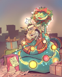 anthro blue_body blue_scales box christmas_decorations container duo ear_tuft fangs feral fur gift_box gift_wrapped grey_body grey_fur male ribbons scales smile tail teeth text tuft whiskers yellow_eyes rinkitori disney zootopia gary_de'snake pawbert_lynxley felid feline lynx mammal pit_viper reptile scalie snake viper 2025 digital_media_(artwork) english_text hi_res