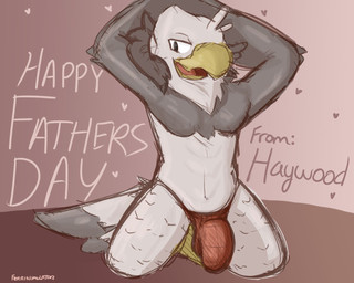 anthro beak bulge clothed clothing hands_behind_head heart_symbol kneeling male multicolored_body narrowed_eyes neck_tuft red_clothing red_underwear seductive solo text thong tuft underwear underwear_only yellow_beak ferrissimulator haywood avian bird 5:4 better_version_at_source english_text