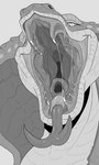 ambiguous_gender bodily_fluids buccinator eyelashes fangs glistening glistening_tongue glottis looking_at_viewer mouth_shot open_mouth ringed_eyes saliva saliva_on_tongue saliva_string simple_background solo teeth tongue tongue_out imperatorcaesar yesenia_(character) reptile scalie snake absurd_res greyscale hi_res monochrome