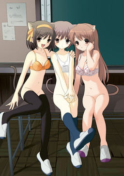 5_fingers accessory amber_eyes athletic athletic_female blush bottomless bow_(feature) bow_accessory bow_ribbon bra breasts brown_eyes brown_hair chalkboard classroom classroom_desk classroom_nudity cleavage clothed clothing collarbone female fingers footwear furniture group hair hair_accessory hair_bow hair_ribbon hand_on_shoulder inside knee_highs knee_socks legwear looking_at_viewer mostly_nude navel on_table open_mouth partially_clothed purple_hair red_hair ribbons school school_desk school_nudity shoes short_hair sitting sitting_on_table slim socks sports_top table tail thigh_highs thigh_socks underwear houmitsu the_melancholy_of_haruhi_suzumiya mikuru_asahina yuki_nagato animal_humanoid cat_humanoid felid felid_humanoid feline feline_humanoid humanoid mammal mammal_humanoid