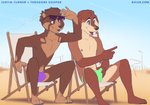 anthro blue_eyes bulge clothed clothing duo fur genitals gesture half-erect hand_gesture hand_on_bulge holding_bulge male male/male outside penis pointing public sitting speedo swimwear tongue topless shiuk justin_turner theodore_cooper bear canid canine canis domestic_dog mammal hi_res