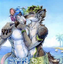 anthro black_body black_fur black_hair blue_bottomwear blue_clothing blue_eyes blue_hair blue_pants blue_sky bottomwear cheek_tuft clear_sky clothed clothing duo eyes_closed facial_tuft front_view fur glistening glistening_eyes green_body green_bottomwear green_clothing green_fur green_hair green_pants grey_body grey_fur hair happy kissing male male/male multicolored_hair outside palm_tree pants pattern_bottomwear pattern_clothing pattern_pants pink_nose plant purple_hair rock short_hair sky standing three-quarter_view topless tree tuft two_tone_hair water white_body white_fur akatan_art canid canine canis domestic_dog mammal mouse murid murine rodent hi_res signature traditional_media_(artwork)