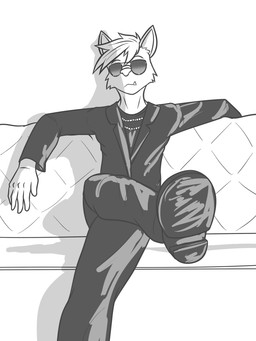 anthro clothed clothing crossed_legs eyewear fully_clothed male sitting solo sunglasses fuze animal_crossing nintendo felid feline mammal 3:4 character_request greyscale hi_res monochrome