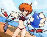 beach clothing cloud cybernetics detailed_background female hair machine not_furry orange_hair outside prosthetic prosthetic_arm prosthetic_limb red_eyes sand seaside sky solo swimwear water water_balloon slugbox skullgirls peacock_(skullgirls) cyborg human mammal 5:4