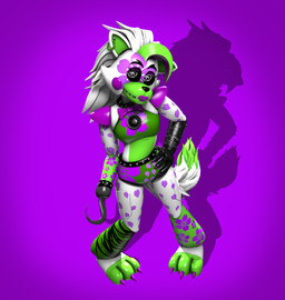 3_toes 4_fingers anthro black_arms bottomwear bow_tie claws clothing collar crop_top ear_piercing ear_ring feet female fingers floral_print glistening glistening_body green_body green_bottomwear green_clothing green_shirt green_shorts green_topwear hair hand_on_hip heart_(marking) hook hook_hand long_hair looking_at_viewer machine markings midriff piercing purple_background purple_body purple_bow_tie purple_claws purple_eyelids ring_piercing shadow shirt shorts shoulder_pads simple_background solo standing studded_collar studs tail toes topwear white_hair zelyonka five_nights_at_freddy's five_nights_at_freddy's:_security_breach five_nights_at_freddy's_world scottgames steel_wool_studios tangle_(fnaf) animatronic canid canine canis mammal robot robot_anthro wolf 2026 3d_(artwork) digital_media_(artwork) full-length_portrait hi_res portrait source_filmmaker_(artwork)