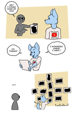 3_panel_comic ambiguous_gender anthro blue_body blue_fur cheek_tuft clothing dialogue dot_eyes duo eyewear facial_tuft fur grey_body grey_skin humor male open_mouth open_smile paper shirt simple_background simple_eyes smile speech_bubble sunglasses t-shirt tail tail_motion tailwag text topwear tuft youtube_logo freckles_(artist) youtube anon canid canine canis domestic_dog humanoid mammal 2023 comic english_text