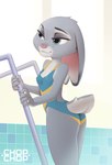 anthro blue_eyes breasts butt butt_pose clothing dipstick_ears ear_markings female fur grey_body grey_fur multicolored_ears one-piece_swimsuit pink_nose pose scut_tail short_tail slim small_breasts solo swimming_pool swimwear tail chopchop disney zootopia judy_hopps lagomorph leporid mammal rabbit