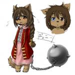 :< anthro ball_and_chain blue_eyes blush bodily_fluids brown_body brown_eyes brown_fur brown_hair cheek_tuft claws clothed clothing digitigrade dress eye_patch eyewear facial_tuft female fully_clothed fur hair heterochromia kemono knock-kneed long_hair open_mouth simple_background solo sweat sweatdrop text toe_claws tuft white_background young koishi_chikasa canid canine canis domestic_dog mammal jenny_(disambiguation) 1:1 japanese_text translated