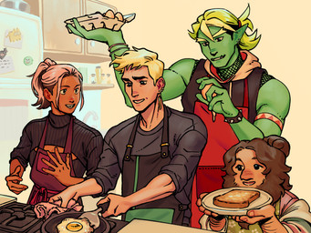 ambiguous_gender appliance apron beard blonde_hair bread cleavage_cutout clothed clothing cutout detailed_background egg egg_(food) facial_hair female fishnet_clothing fishnet_topwear food fridge fried_egg fully_clothed green_body green_skin group hair hoodie human_focus humanoid_pointy_ears kitchen kitchen_appliance male muscular muscular_humanoid not_furry plate pointy_ears ponytail scar shirt sleeveless_hoodie smile sweater toast topwear turtleneck underbite justheretodraw drawfee_(copyright) drawtectives garfield_(series) eugene_finch garfield_the_cat grendan_highforge gyorik_rogdul rose_(drawtectives) villainius dwarf human humanoid mammal orc 4:3 digital_media_(artwork) hi_res nonbinary_(lore)