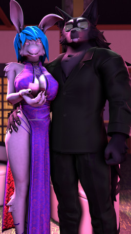 5_fingers anthro anthro_on_anthro black_body black_fur black_nose blue_hair breasts clothed clothed_anthro clothed_female clothed_male clothing dress duo eyewear fangs female fingers fur hair humanoid_hands larger_male male male/female pink_body pink_fur size_difference smaller_female suit sunglasses teeth atoastedorange petruz_(modeler) canid canine canis hybrid lagomorph leporid mammal rabbit wolfdog 3d_(artwork) 9:16 digital_media_(artwork) hi_res source_filmmaker_(artwork)