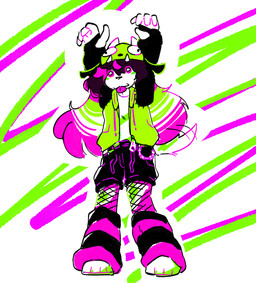 abstract_background alternative_fashion anthro bottomwear chain clothing female fishnet_clothing fishnet_leggings fishnet_legwear fur gir_hoodie green_hair hair highlights_(coloring) horn jacket leg_warmers leggings legwear multicolored_hair pink_hair raccoon_tail_hair scene_(fashion) scene_haircut shorts simple_eyes solo sparklefur tail tail_motion tailwag tongue tongue_out topwear white_body white_fur zipper catjamn invader_zim nickelodeon nintendo pokemon pokewalker xcite_(catjamn) canid canine mammal hi_res restricted_palette sketch