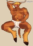 anthro belly bent_legs blonde_hair blush briefs chest_tuft clothing fingernails fur hair hair_over_eyes hairy hand_behind_head hand_on_leg hand_on_thigh hooves horn leg_markings long_horn lying male markings musclegut muscular muscular_male nails navel orange_body orange_fur orange_skin pecs shy shy_smile smile solo tail tighty_whities tuft underwear white_briefs white_clothing white_underwear yellow_body yellow_fur yellow_skin nsfowork houston_(nsfowork) bovid bovine cattle highland_cattle mammal absurd_res hi_res