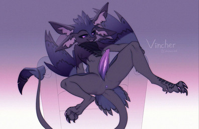 4_ears animal_genitalia anthro claws erection feathered_wings feathers fur genital_slit genitals hair male multi_ear nude penis purple_eyes solo tail tapering_penis toe_claws wings vincher vortex_(vortexsleeps) avali