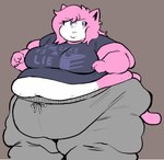 5_fingers angry anthro belly big_belly black_nose blue_eyes bottomwear breasts clothed clothing eyebrows female fingers fur grey_background hair huge_belly morbidly_obese morbidly_obese_anthro morbidly_obese_female multicolored_body multicolored_fur obese obese_anthro obese_female overweight overweight_anthro overweight_female pants pink_body pink_fur pink_hair shirt simple_background solo standing tail text text_on_clothing topwear aquamix portal_(series) valve vg_cats aeris_(vg_cats) domestic_cat felid feline felis mammal english_text hi_res