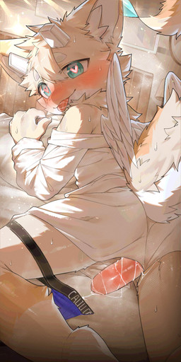 animal_genitalia animal_penis anthro bed bedroom bodily_fluids bottomless canine_genitalia canine_penis clothed clothing clothing_around_one_leg furniture genitals heart_pupils heart_symbol horn hug hugging_object hugging_pillow jockstrap kemono looking_at_viewer looking_back looking_back_at_viewer lying male on_bed on_front partially_clothed penis pillow solo sweat tongue tongue_out topwear topwear_only underwear underwear_around_one_leg underwear_down wings young young_anthro young_male sosak0622 mammal 1:2 2026 absurd_res hi_res