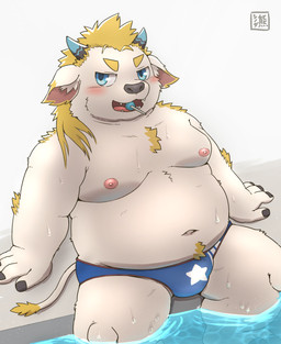 anthro belly blonde_hair blue_eyes bulge clothing fur hair horn male moobs nipples overweight poolside sitting solo speedo swimming_pool swimwear white_body white_fur young young_anthro young_male shinoda_hamazaki lifewonders tokyo_afterschool_summoners babe_bunyan_(tas) bovid bovine cattle mammal hi_res