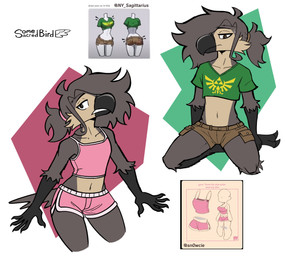 accessory anthro beak black_beak bottomwear brown_body brown_feathers brown_hair cargo_shorts clothing crop_top feathers femboy green_clothing green_crop_top green_shirt green_topwear hair hair_accessory hair_over_eye hair_tie hotpants humanoid_hands kneeling looking_at_viewer male navel non-mammal_navel pink_bottomwear pink_clothing pink_hotpants pink_shirt pink_shorts pink_tank_top pink_topwear shirt shorts solo standing tail tail_feathers tank_top tied_hair topwear triforce triforce_clothing somesacredbird meme_clothing nintendo the_legend_of_zelda birb_(somesacredbird) avian bird 2022 absurd_res digital_drawing_(artwork) digital_media_(artwork) english_description hi_res meme
