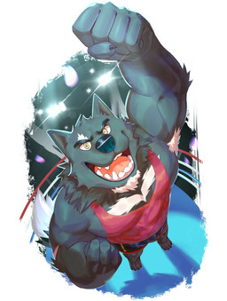 anthro arm_scar armpit_hair biceps black_body black_fur body_hair chest_markings clothing eye_markings facial_hair fighting_ring fist_in_the_air fur goatee hair hand_above_head high-angle_view looking_at_viewer looking_up looking_up_at_viewer male markings open_mouth red_clothing red_shirt red_singlet red_tank_top red_topwear scar shirt solo tank_top teeth topwear white_hair white_markings wrestling_singlet yellow_eyes cilok silver_fang canid canine canis mammal wolf 2024