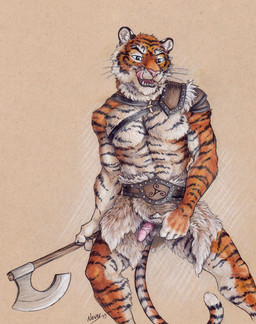 5_fingers anthro armor axe black_body black_fur blue_eyes erection fingers fur genitals glans licking licking_lips licking_own_lips male melee_weapon orange_body orange_fur penile_spines penis pink_nose pink_penis self_lick simple_background solo standing stripes tongue tongue_out weapon whiskers white_body white_fur neverwolf felid mammal pantherine tiger 2017 hi_res traditional_media_(artwork)
