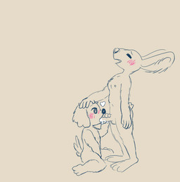 ambiguous_gender anthro blush bodily_fluids cum cum_in_mouth cum_inside duo fellatio genital_fluids genitals gynomorph hand_on_head heart_symbol intersex kneeling kneeling_oral_position masturbation oral penile penis sex standing lewmett chicory_a_colorful_tale chicory_(chicory) pizza_(chicory) canid canine canis domestic_dog hare lagomorph leporid mammal nonbinary_(lore)