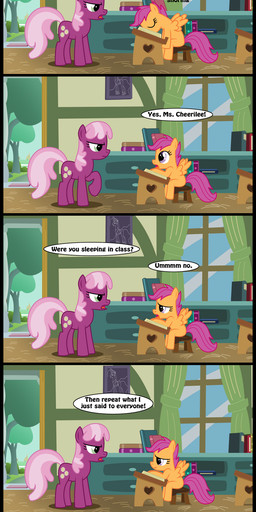 book chair classroom curtains cutie_mark desk dialogue door duo eyes_closed feathered_wings feathers female feral furniture green_eyes hair heart_symbol orange_body orange_feathers pink_hair plant purple_eyes quadruped school sleeping table tail text tree window wings wood young young_feral toxic-mario friendship_is_magic hasbro my_little_pony mythology cheerilee_(mlp) scootaloo_(mlp) earth_pony equid equine horse mammal mythological_creature mythological_equine pegasus pony 2012 absurd_res comic english_text hi_res long_image tall_image
