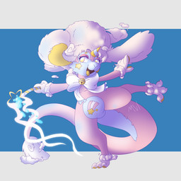 ambiguous_gender anthro bell bell_collar big_hair biped blue_body blue_fur blue_horn blue_tail claws clothing collar eyelashes fur hair happy holding_object holding_wand horn long_ears long_tail markings multicolored_ears multicolored_horn open_mouth open_smile paws pink_body pink_clothing pink_fur smile solo star_(marking) star_pupils tail tail_tuft tongue tuft two_tone_ears two_tone_horn two_tone_tail wand white_body white_clothing white_ears white_fur white_hair white_tail yellow_body yellow_clothing yellow_ears yellow_fur yellow_horn yellow_tongue motherlatias species_request 1:1 2024 absurd_res hi_res signature