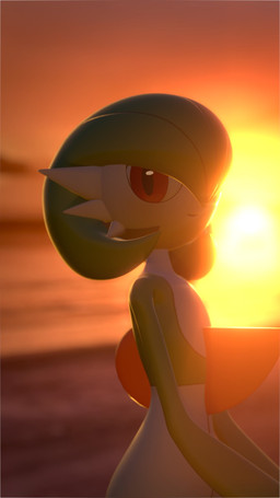 ambiguous_gender beach blurred_background chest_spike clothing dress glistening glistening_eyes green_body green_hair hair looking_at_viewer multicolored_body outside pseudo_clothing pseudo_hair red_eyes sea smile solo spikes spikes_(anatomy) sunset water white_body bot1684127 nintendo pokemon gardevoir generation_3_pokemon humanoid pokemon_(species) 2026 3d_(artwork) 9:16 blender_(artwork) digital_media_(artwork) hi_res