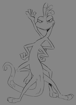 4_arms animal_genitalia anthro genital_slit genitals grey_background male multi_arm multi_limb nude simple_background smile solo flookz disney monsters_inc pixar randall_boggs monster reptile scalie 2018 digital_media_(artwork) monochrome