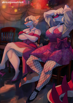anthro big_breasts blonde_hair blue_eyes bone_frill breasts cleavage clothed clothing crossed_arms detailed_background dress duo eyewear female fishnet_clothing fishnet_legwear floral_print footwear freckles frill_(anatomy) glasses hair hands_behind_head heelpop high_heels inside jacket legwear long_tail loose_footwear magenta_body magenta_scales multicolored_body multicolored_scales off_shoulder orange_body orange_scales scales shoe_dangle shoes short_hair sitting spiked_tail spikes spikes_(anatomy) tail teal_eyes text thick_thighs topwear two_tone_body two_tone_scales white_body white_scales deadassspider cavemanon_studios goodbye_volcano_high i_wani_hug_that_gator ko_op_(game_developer) mia_moretti naomi_(gvh) dinosaur hadrosaurid ornithischian ornithopod parasaurolophus prehistoric_species reptile scalie 2025 absurd_res artist_name digital_drawing_(artwork) digital_media_(artwork) hi_res watermark sibling_(lore) sister_(lore) sisters_(lore)