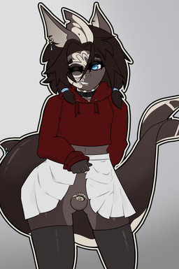 anthro balls blue_eyes bottomless bottomwear butt butt_from_the_front chastity_cage chastity_device clothed clothing clothing_lift collar ear_piercing ear_ring exhibitionism femboy flat_chastity_cage front_view furgonomic_piercing furgonomics genitals hair hoodie legwear looking_at_viewer male navel one_eye_closed piercing ring_piercing short_hair simple_background skirt skirt_lift solo standing tail tail_piercing tattoo thigh_highs topwear wink luckesha aquatic fish shark absurd_res hi_res