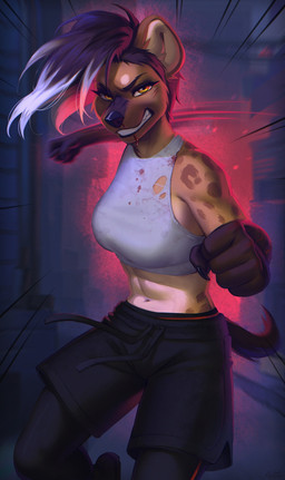 5_fingers abs anthro athletic athletic_female biped blood bodily_fluids bottomwear breasts claws clothed clothed_anthro clothed_female clothing female fingers front_view fully_clothed fully_clothed_anthro fully_clothed_female fur hair looking_at_viewer navel solo spots tail teeth topwear koda_walker hyena mammal 2025 absurd_res digital_drawing_(artwork) digital_media_(artwork) hi_res