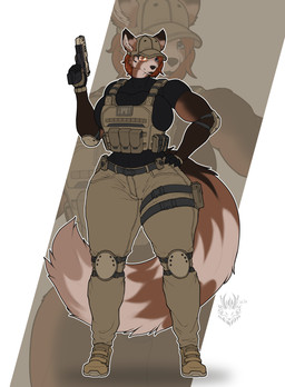 anthro belt big_breasts black_clothing black_lips black_nose blue_eyes boots breasts bulletproof_vest clothed clothed_female clothing combat_boots elbow_pads electronics eyepiece eyewear female fluffy fluffy_tail footwear glasses gloves gun hand_on_hip handgun handwear hat headgear headphones headset headwear holding_gun holding_handgun holding_object holding_pistol holding_ranged_weapon holding_weapon huge_breasts inner_ear_fluff knee_pads lips logo looking_at_viewer markings microphone military military_cap military_uniform neck_tuft pistol pouch_(clothing) pouches ranged_weapon scouter shoes sleeveless_shirt solo standing striped_markings striped_tail stripes sweater tactical_gear tail tail_markings tan_clothing text thick_thighs thigh_pouch topwear tuft turtleneck uniform vest weapon white_sclera wolfarion ailurid mammal procyonid red_panda 2026 absurd_res artist_logo colored dated digital_drawing_(artwork) digital_media_(artwork) english_text hi_res