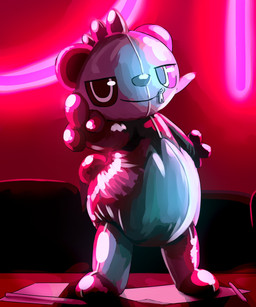 3_fingers ambiguous_gender anthro bodysuit clean_diaper clothed clothing costume detailed_background diaper diaper_under_clothing diaper_under_latex diaper_under_skinsuit fingers gesture glistening hand_gesture latex looking_at_viewer neon_lights pointing pointing_at_viewer pokemon_costume skinsuit smile solo tight_clothing wearing_diaper zipper zipper_mouth sexotheque nintendo pokemon sexotheque_(copyright) cobalt_(character) generation_6_pokemon pancham pokemon_(species) 5:6 hi_res