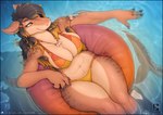 4_fingers abs anthro big_breasts bikini bikini_bottom bikini_top black_hair breasts brown_body brown_tail claws clothed clothed_anthro clothed_female clothing countershade_torso countershading ear_piercing female finger_claws fingers footwear hair high-angle_view long_tail navel nipples non-mammal_breasts non-mammal_navel non-mammal_nipples orange_eyes piercing shoes sitting smile solo swimwear tail teeth text thick_thighs two-piece_swimsuit water wide_hips vader-san fish marine shark 2025 digital_media_(artwork) url