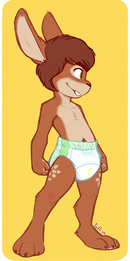3_toes 4_fingers anthro biped brown_body clothed clothing countershade_fur countershading diaper diaper_only digitigrade feet fingers floppy_ears fur hair male nude_anthro pull-ups_(diaper) simple_background solo standing toes topless wearing_diaper young young_anthro young_male iztli flip_bunny lagomorph leporid mammal rabbit 2025 hi_res portrait signature