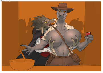 3_fingers 4_fingers anthro beak big_breasts breasts clothed clothing container costume cup duo feather_hair feathered_crest feathers female female_on_anthro fingers grey_body grey_feathers groping_from_behind head_crest humanoid_on_anthro male male/female male_on_humanoid mandibles open_clothing open_shirt open_topwear orange_eyes pseudo_hair punch_bowl shirt topwear xenophilia yellow_eyes thechurroman halo_(series) microsoft xbox_game_studios alien avian humanoid kig-yar sangheili scalie t'vaoan colored