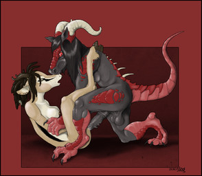 anthro balls bodily_fluids breasts cum dreadlocks duo ear_piercing erection facial_piercing female female_penetrated genital_fluids genitals hooves horn industrial_piercing male male/female male_penetrating male_penetrating_female nose_piercing nude penetration penis piercing red_eyes septum_piercing sex tail vaginal oddbird mythology antelope bovid dragon equid equine gazelle horse hybrid mammal mythological_creature mythological_scalie scalie