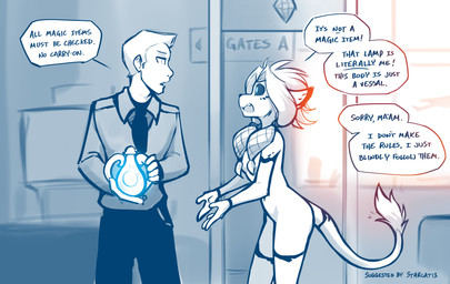 airport anthro black_sclera braided_hair breasts casual_nudity clothed clothed/nude clothed_male clothing convenient_censorship dialogue duo female glowing glowing_eyes hair hair_covering_breasts holding_object lamp lantern male necktie nude open_mouth security security_guard sign small_breasts tail tail_tuft text tuft conditional_dnp tom_fischbach twokinds willow_wisp felid human keidran lion mammal pantherine spirit 2020 adobe_photoshop_(artwork) digital_media_(artwork) english_text hi_res monochrome sketch