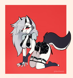 all_fours anthro bodily_fluids breasts clothing cum ear_piercing ear_ring ejaculation female fur genital_fluids half-closed_eyes leaking_cum looking_at_viewer maid_uniform narrowed_eyes orgasm orgasm_face piercing red_sclera ring_piercing simple_background smile solo tail teeth uniform vaginal_fluids vaginal_squirting white_body lexibeetz hellaverse helluva_boss mythology loona_(helluva_boss) canid canid_demon canine demon hellhound mammal mythological_canine mythological_creature digital_media_(artwork) hi_res