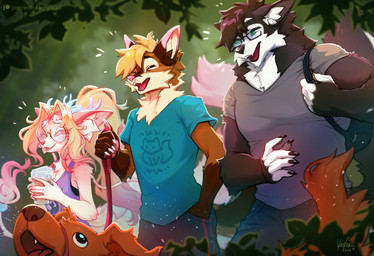 anthro biped bottomwear breasts claws clothed clothed_anthro clothed_female clothed_male clothing female fingers front_view fully_clothed fully_clothed_anthro fully_clothed_female fully_clothed_male fur group hair horn male smile standing tail teeth tongue topwear trio kayfoxii canid canine canis domestic_dog fox mammal 2026 digital_drawing_(artwork) digital_media_(artwork) hi_res