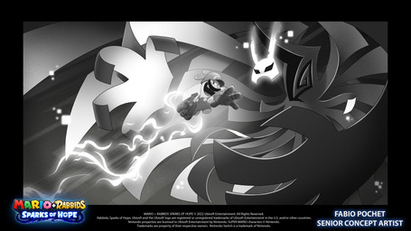4_fingers ambiguous_gender anthro attack battle bent_leg black_facial_hair black_mustache buckteeth button_(fastener) clothed clothed_anthro clothed_male clothing copyright_symbol duo facial_hair fingers gauntlets_(weapon) grey_clothing grey_eyes grey_hat grey_headwear grey_inner_ear grey_overalls grey_ribbon grey_tongue hat headgear headwear larger_ambiguous light long_ears magic magic_user male male_anthro midair mustache narrowed_eyes noseless open_mouth open_smile overalls shirtless_anthro shirtless_male size_difference smaller_anthro smaller_male smile squint symbol teeth text title tongue white_mask year fabio_pochet mario_bros mario_plus_rabbids_kingdom_battle mario_plus_rabbids_sparks_of_hope nintendo raving_rabbids rayman_(series) ubisoft cursa_(mario_plus_rabbids) rabbid_mario celestial_being lagomorph mammal rabbid 16:9 2022 4k absurd_res concept_art crossover digital_drawing_(artwork) digital_media_(artwork) english_description english_text greyscale hi_res lighting monochrome official_art shaded widescreen female_(lore)