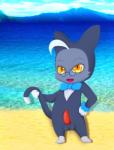 anthro balls beach detailed_background erection genitals male penis seaside semi-anthro solo standing tapering_penis amegared pop_in_q lucia_(pop_in_q) domestic_cat felid feline felis mammal