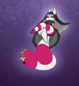 abstract_background anthro asymmetrical_coloring big_teeth black_hair bone bottom_heavy bottomwear breasts clothed clothing female fur hair hypnotic_eyes leg_markings long_hair markings noseless red_eyes red_markings shortstack shortstack_female skirt skull small_breasts small_paws solo striped_markings striped_tail stripes suggestive_pose tail tail_markings tail_mouth teeth thick_thighs unimpressed unusual_anatomy unusual_tail upskirt white_body white_fur yellow_teeth nekoturny felid ghost mammal spirit hi_res