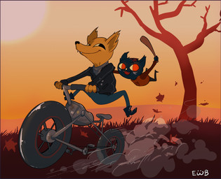 anthro autumn baseball_bat bat_(object) black_nose boots clothed clothing dead_tree duo fangs female footwear fully_clothed fur grass grin jacket leaf leather leather_clothing leather_jacket leather_topwear male motorcycle null_symbol open_mouth plant shirt shoes smile sun teeth tire topwear tree vehicle whiskers eggswithbenefits_(artist) night_in_the_woods gregg_lee mae_borowski canid canine domestic_cat felid feline felis fox mammal 2017