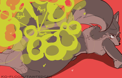 all_fours anthro anus blush breasts butt butt_focus clothing fart fart_cloud fart_fetish female footwear fur grey_body grey_fur heart_symbol onomatopoeia red_background simple_background socks solo sound_effects tail text topwear taintedcan canid canine mammal 2026 absurd_res artist_name digital_drawing_(artwork) digital_media_(artwork) english_text hi_res url