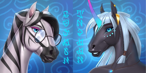 anthro black_hair black_sclera blue_eyes duo ear_piercing eyeshadow eyewear female glasses hair horn jewelry lips makeup male multicolored_hair necklace piercing pink_eyeshadow round_glasses striped_body stripes thick_lips two_tone_hair white_hair quillu mythology kaeldu quillu_(character) equid equine mammal mythological_creature mythological_equine unicorn zebra portrait
