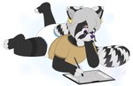 anthro black_body black_fur brown_clothing brown_shirt brown_topwear clean_diaper clothed clothing dead_eyes diaper facial_scar fur grey_hair hair holding_object holding_tablet_pen male markings monochrome_body purple_eyes purple_nose scar shirt solo spotted_ears tablet topwear tuft wearing_diaper white_markings yellow_tuft fennecat d._azimi_(fennecat) ailurid mammal red_panda absurd_res hi_res watermark