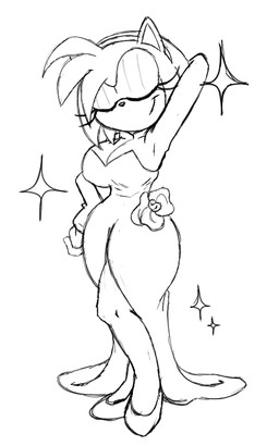 accessory anthro big_breasts black_nose breasts cleavage clothed clothing dress eyelashes eyes_closed female footwear front_view hair hair_accessory hairband hand_behind_head head_tuft shoes short_hair simple_background smile solo sparkles thick_thighs tuft white_background wide_hips blackchaos64 sega sonic_the_hedgehog_(series) amy_rose eulipotyphlan hedgehog mammal monochrome