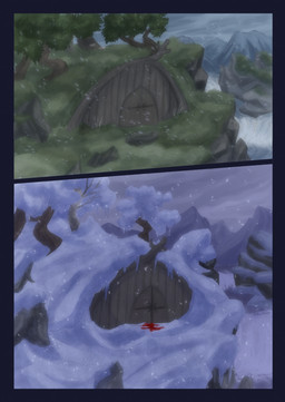 blood bodily_fluids cloud cloudy_sky day door grass ice outside plant river rock sky snow snowing structure tree wooden_house zero_pictured bjekkergauken 2025 colored comic hi_res
